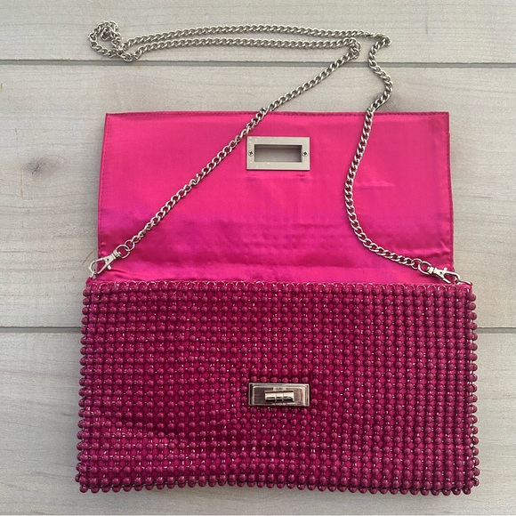 NWT BCBGMaxAzria Pink Beaded Silver Chain Strap Clutch Handbag - Picture 4 of 8